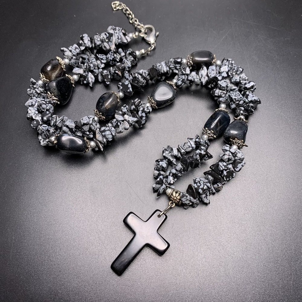 Snowflake Obsidian Cross Pendant Necklace